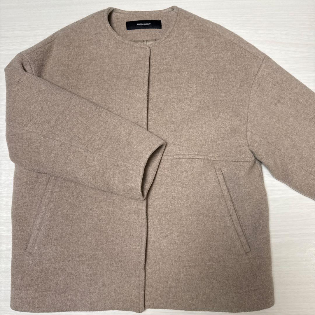 スーパー 140 ビーバー ノーカラー ショートコート ベージュ