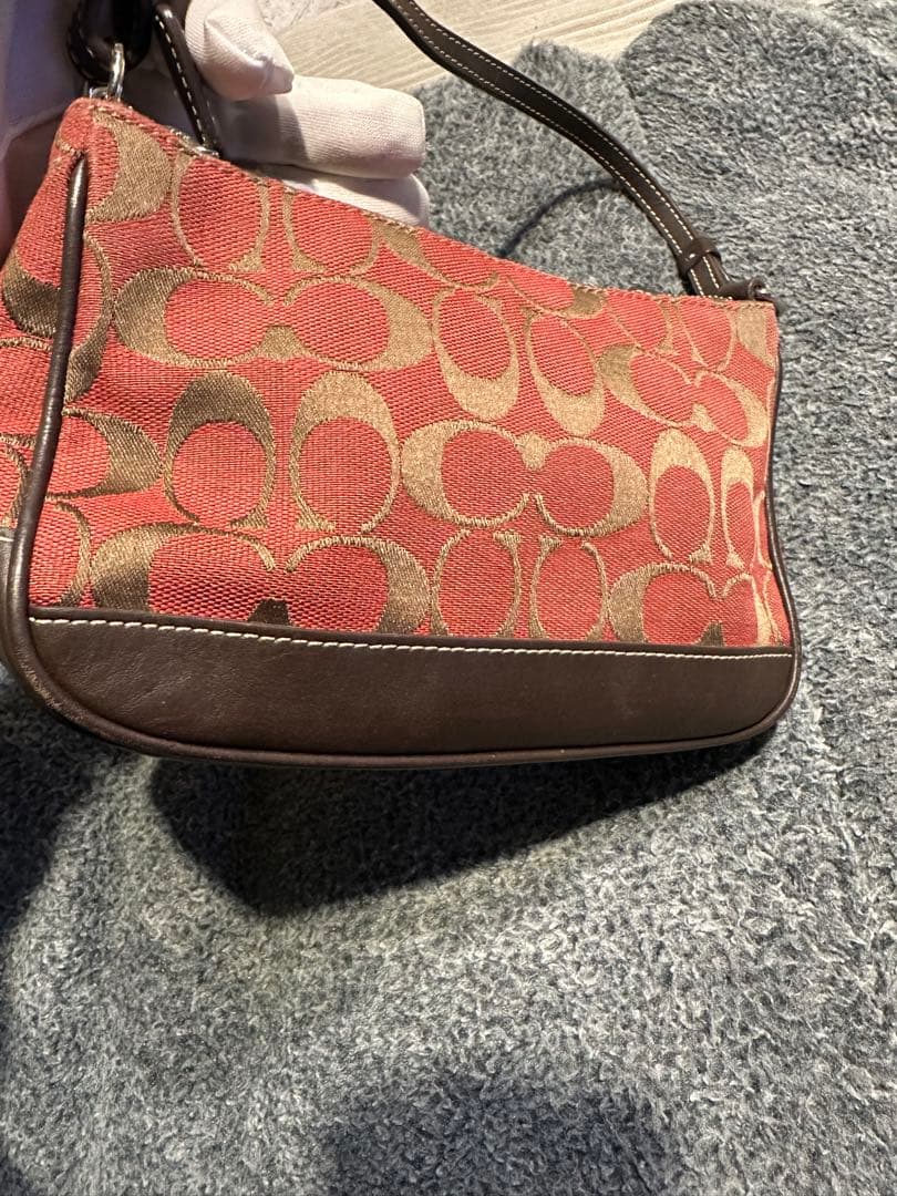 COACHコーチ　アクセサリーポーチ　ハンドバッグ　キャンバス 赤 茶