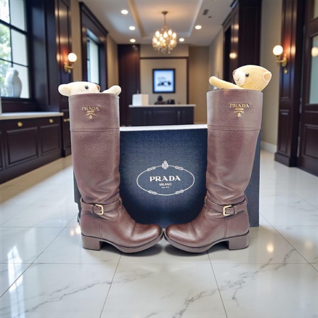 【極美品・箱付】PRADA ロングブーツ 36 ダークブラウン レザー