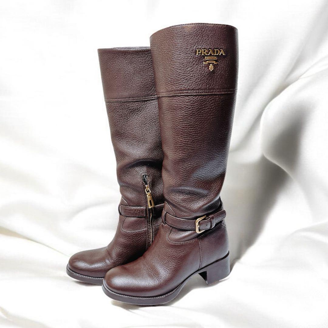 【極美品・箱付】PRADA ロングブーツ 36 ダークブラウン レザー
