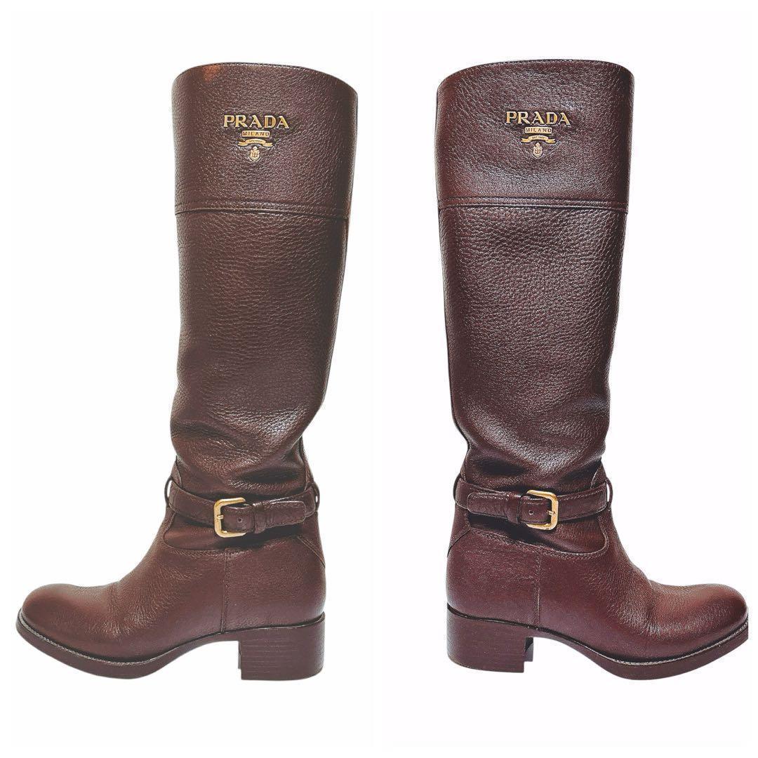 【極美品・箱付】PRADA ロングブーツ 36 ダークブラウン レザー