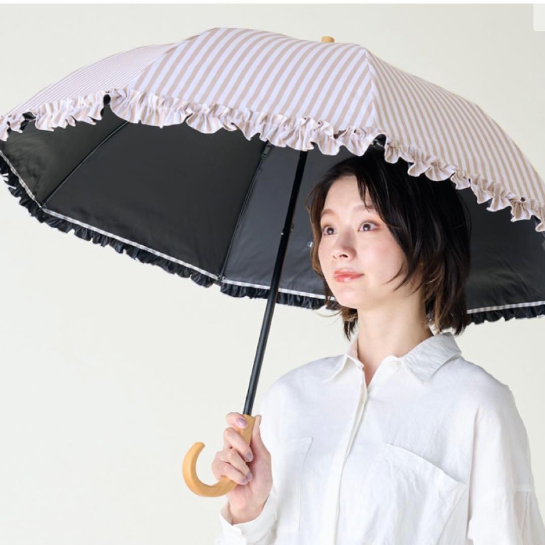 サンバリア100 折り畳み日傘　2段折　フリル　/ ストライプ　モカ