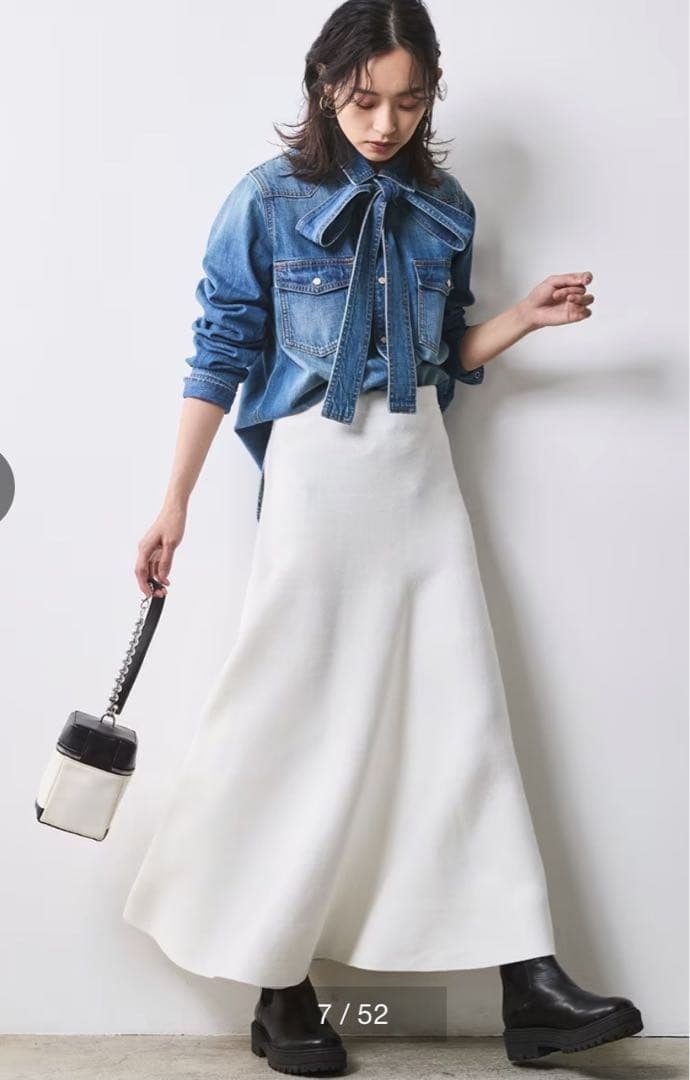 綿100％ライトオンスデニムリボンタイ付シャツ