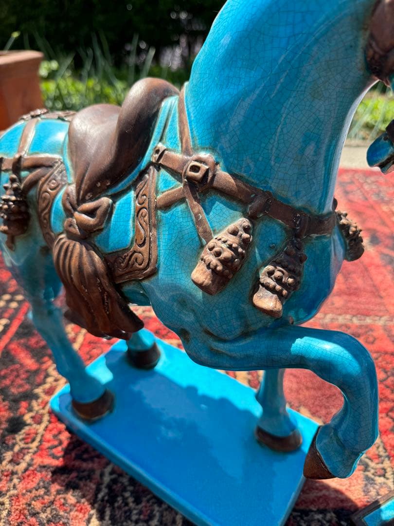 イタリア製 ターコイズブルー 陶器 馬 置物 ペア 地中海インテリア