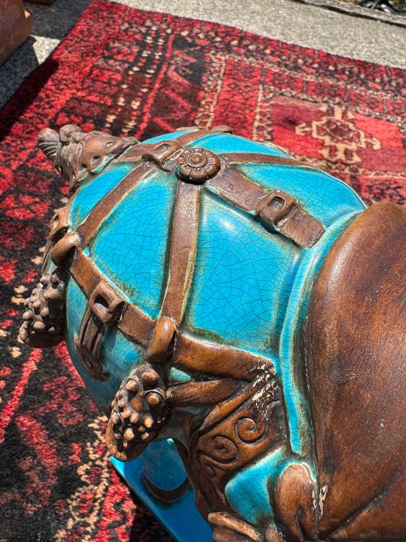 イタリア製 ターコイズブルー 陶器 馬 置物 ペア 地中海インテリア