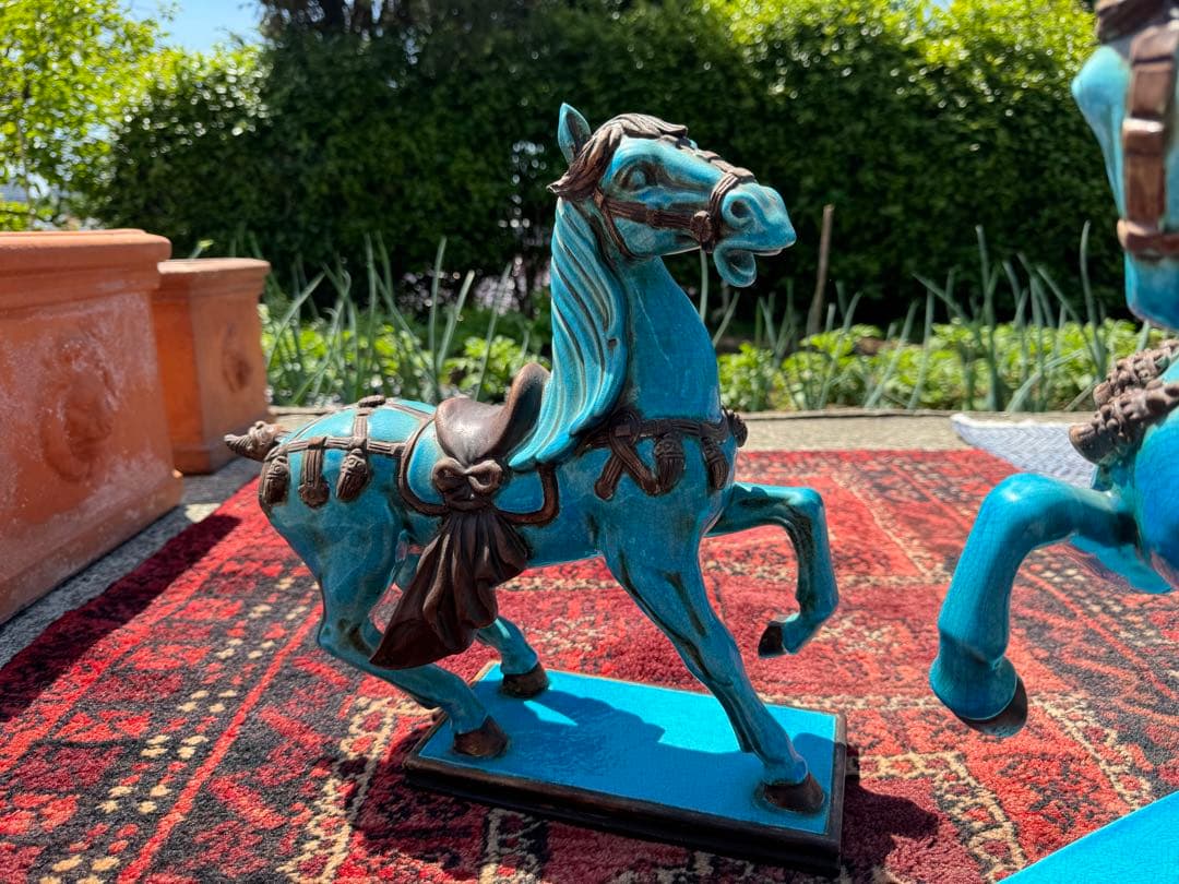 イタリア製 ターコイズブルー 陶器 馬 置物 ペア 地中海インテリア