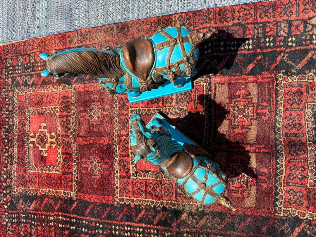 イタリア製 ターコイズブルー 陶器 馬 置物 ペア 地中海インテリア