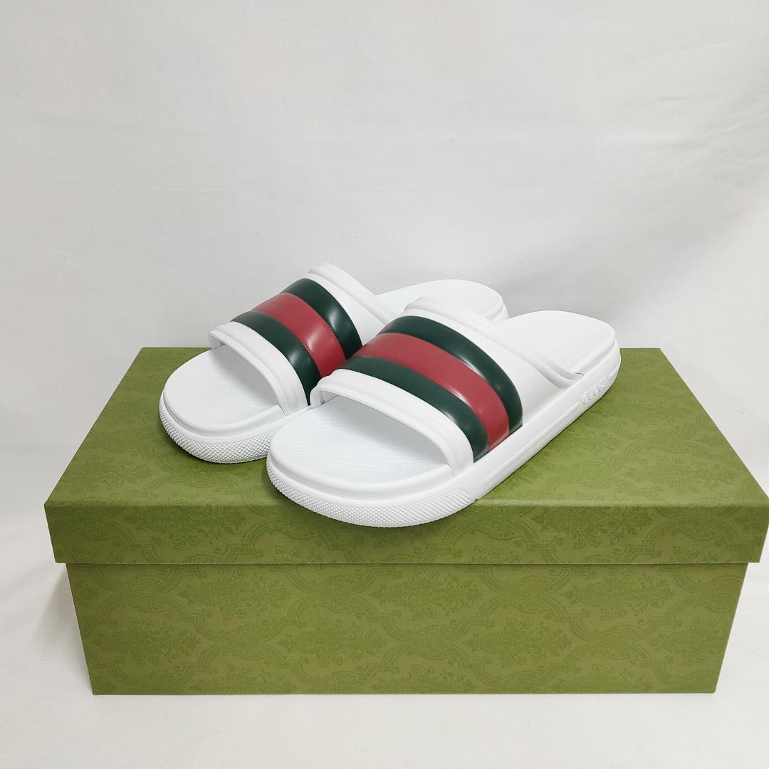 新品 未使用 グッチ ストライプ ラバースライドサンダル ホワイト 27cm相当