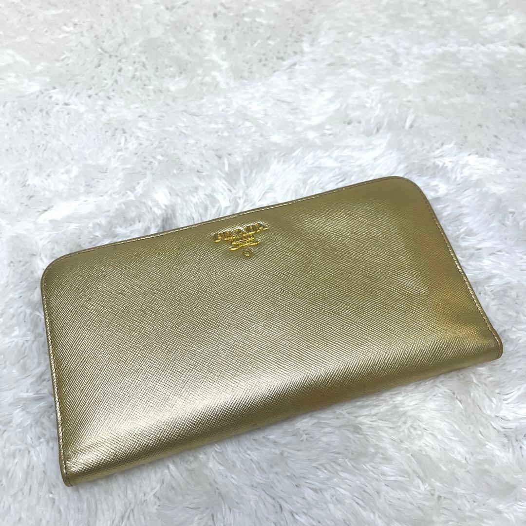 【美品】PRADA サフィアーノ 長財布 ゴールド　フラップ式　二つ折り