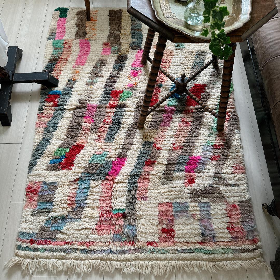 モロッコ製ヴィンテージラグ143 レア マゼンタピンク ミントグリーン ブルー