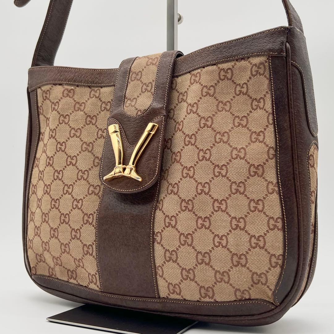 希少 GUCCI ショルダーバッグ GG キャンバス ブーツ金具 ブラウン