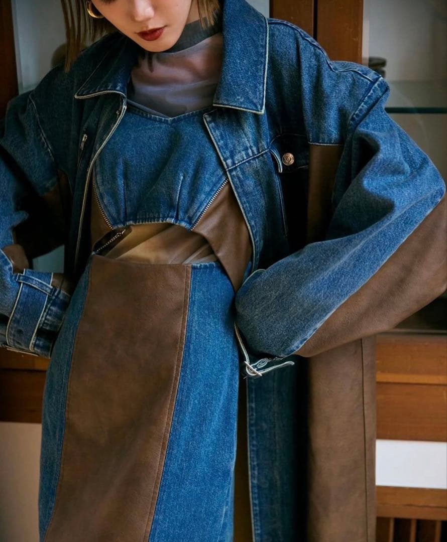 k*中様 yukko フェイクレザーパターンロングデニムコート　ワンピースセット