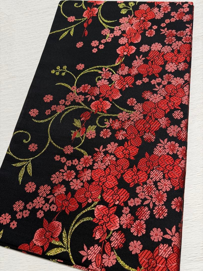 D33＋m-59 胡蝶蘭 今井織物 振袖 正絹 袋帯 六通 未使用 黒地