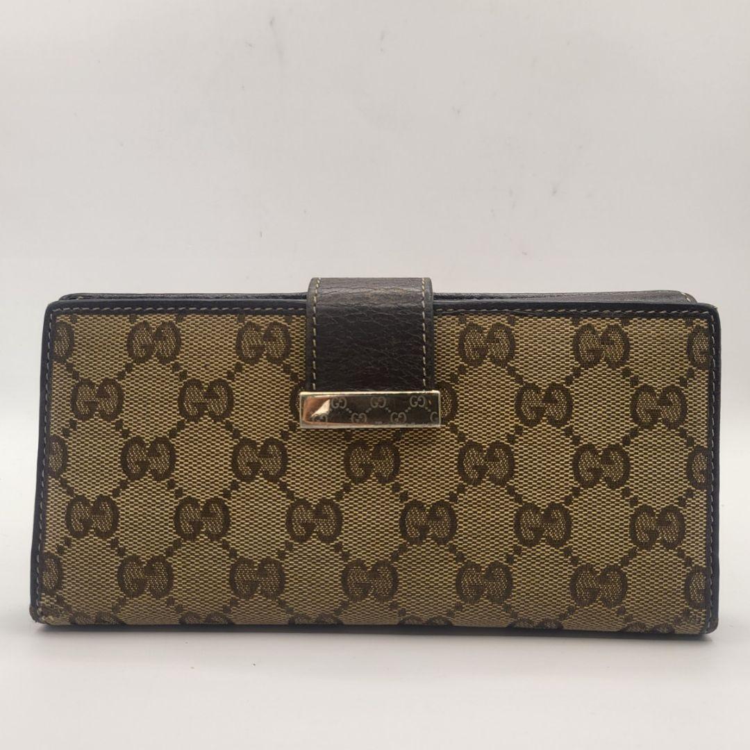 GUCCI GGキャンバス 長財布 ブラウン レザー 金具付き 定番人気