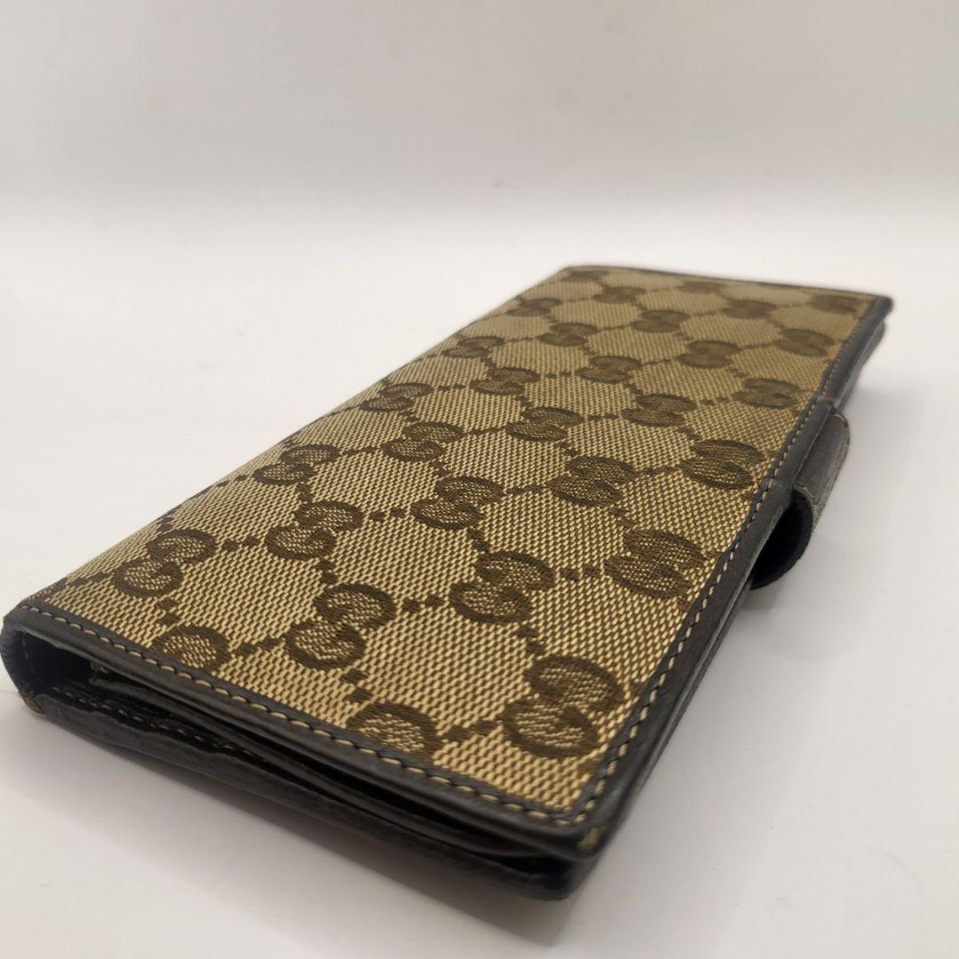 GUCCI GGキャンバス 長財布 ブラウン レザー 金具付き 定番人気