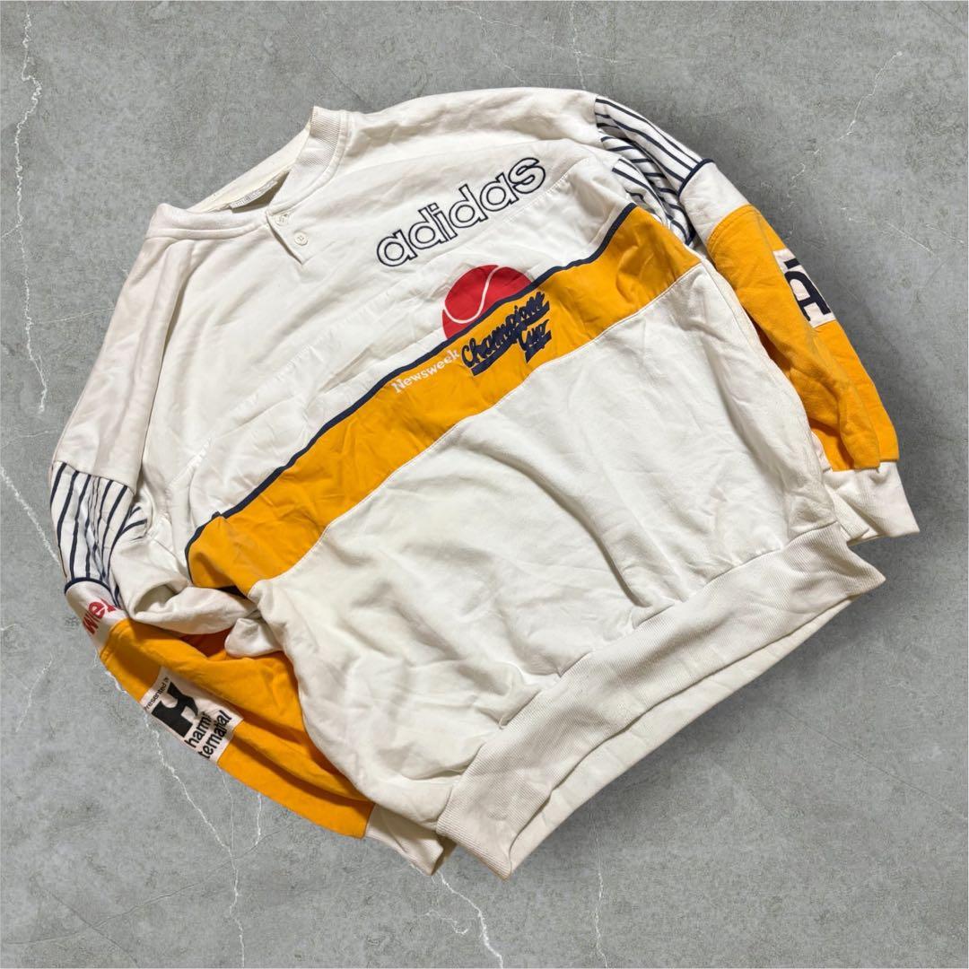 【M24】80-90s adidasヘンリーネックスウェット白×バターイエロー