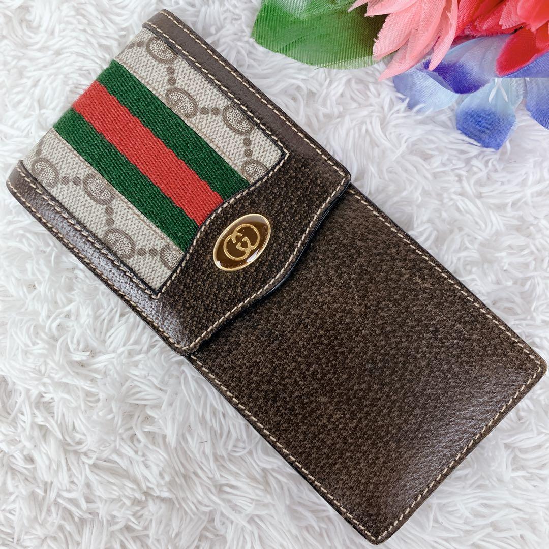 オールドグッチ グッチ メガネケース ペンケース シェリーライン 本革 茶