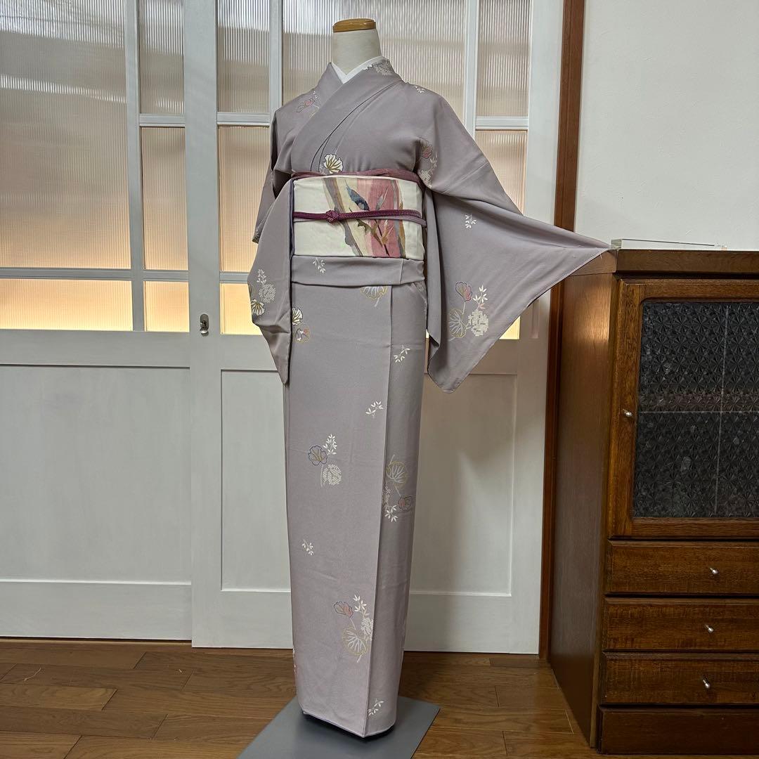 く*る様 小紋　袷　正絹　草木模様　飛び柄　藤鼠色　身丈170裄72トールサイズ