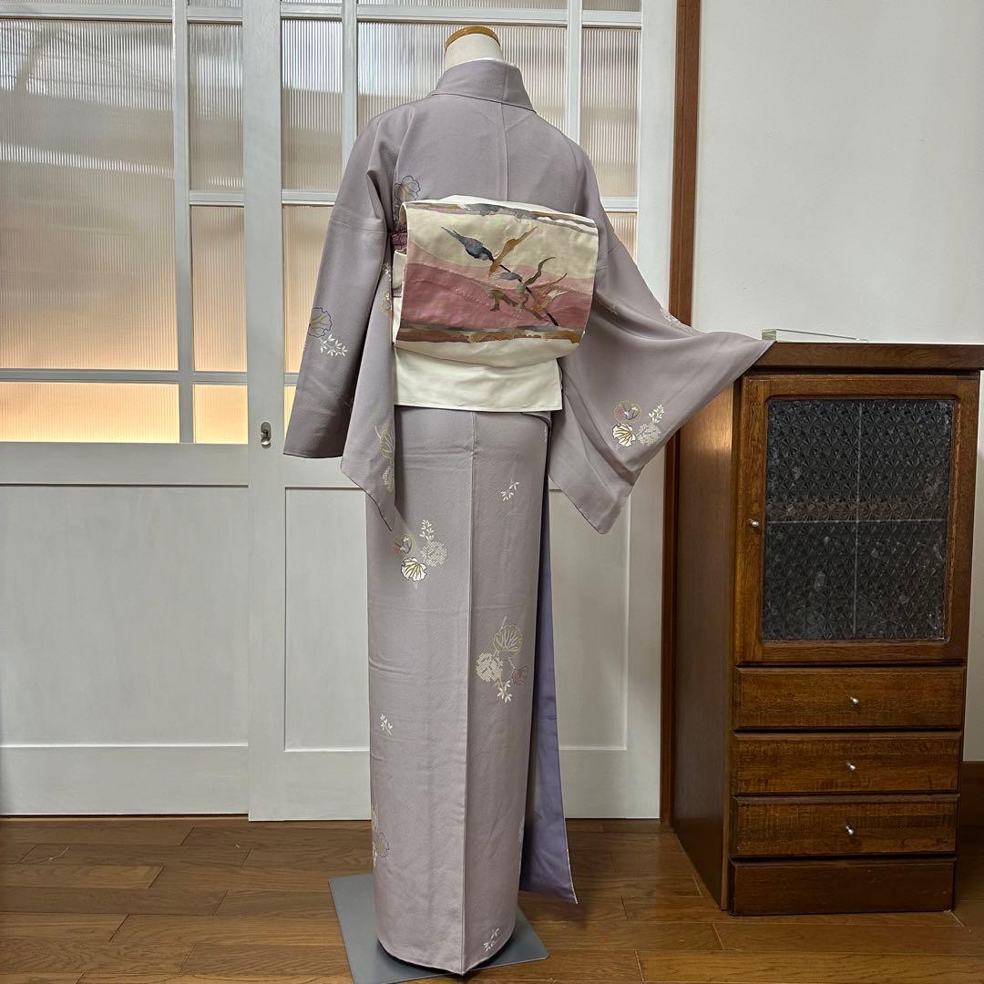 く*る様 小紋　袷　正絹　草木模様　飛び柄　藤鼠色　身丈170裄72トールサイズ