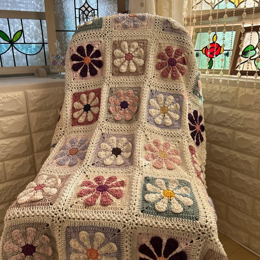 デイジー お花のモチーフ編み マルチカバー ブランケット 手編み