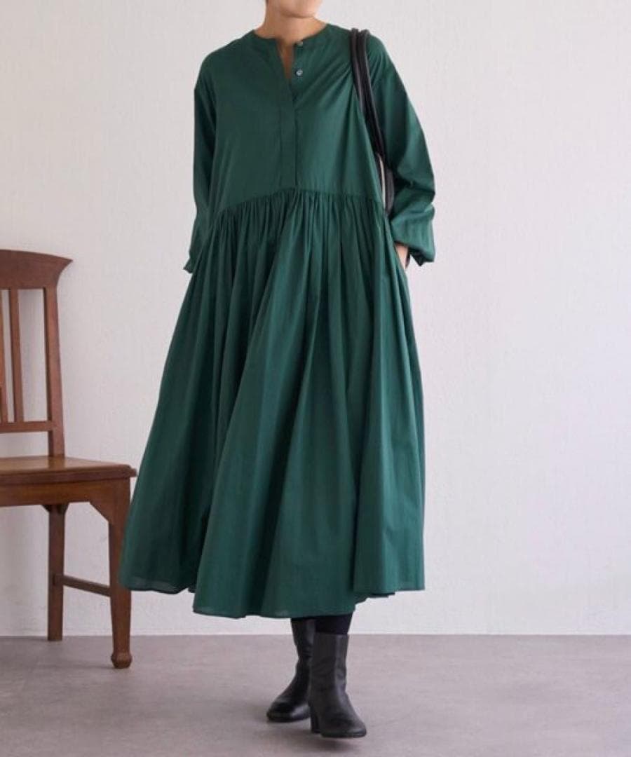 BEARDSLEY ビアズリー　ギャザーワンピース　ダークグリーン　洗える　長袖