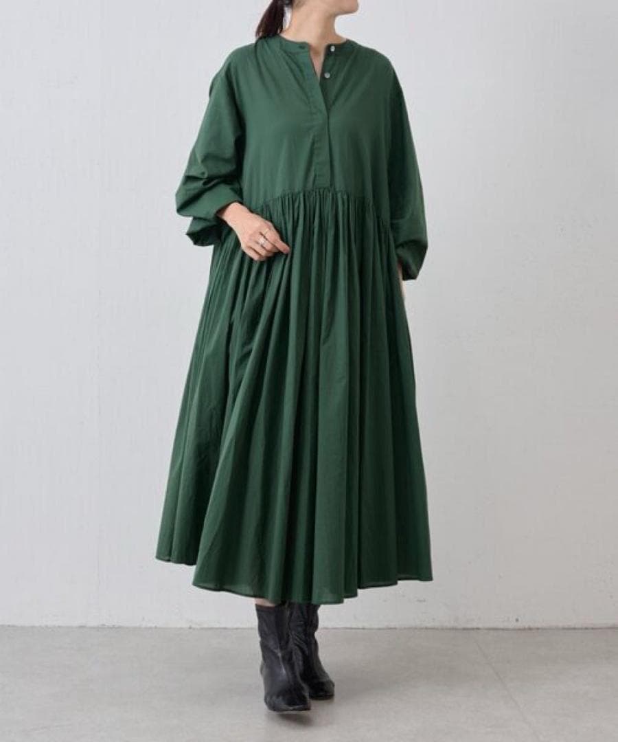 BEARDSLEY ビアズリー　ギャザーワンピース　ダークグリーン　洗える　長袖