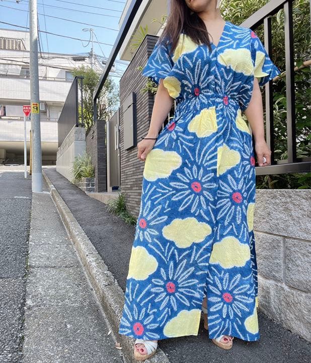 浴衣　リメイク　有松絞り　ワンピース ハンドメイド　ロング　シンプル　青　黄色
