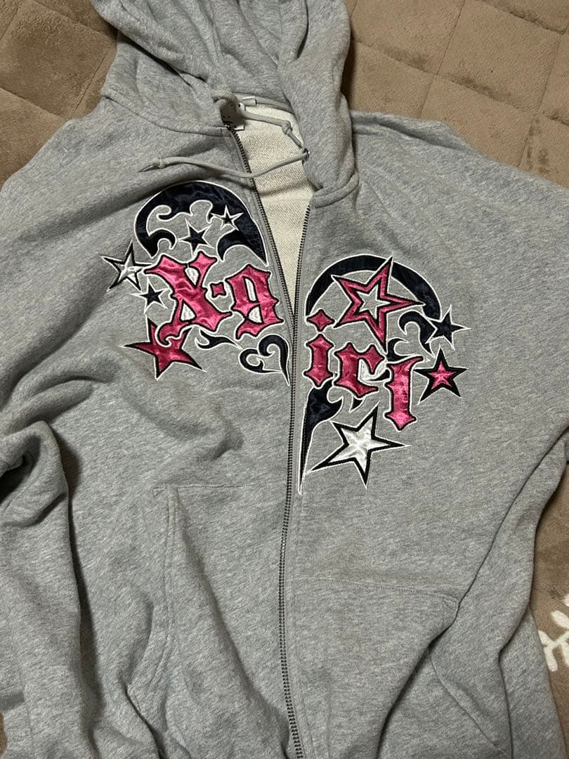 X-girl トライバルハートジップアップフーディ Mサイズ グレー