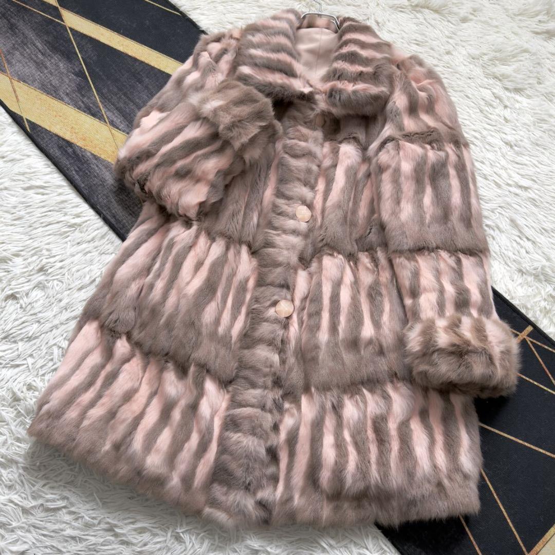 総丈97/希少カラー◎ 桃 ロリス リバーシブル ロングファーコート 軽量 毛皮