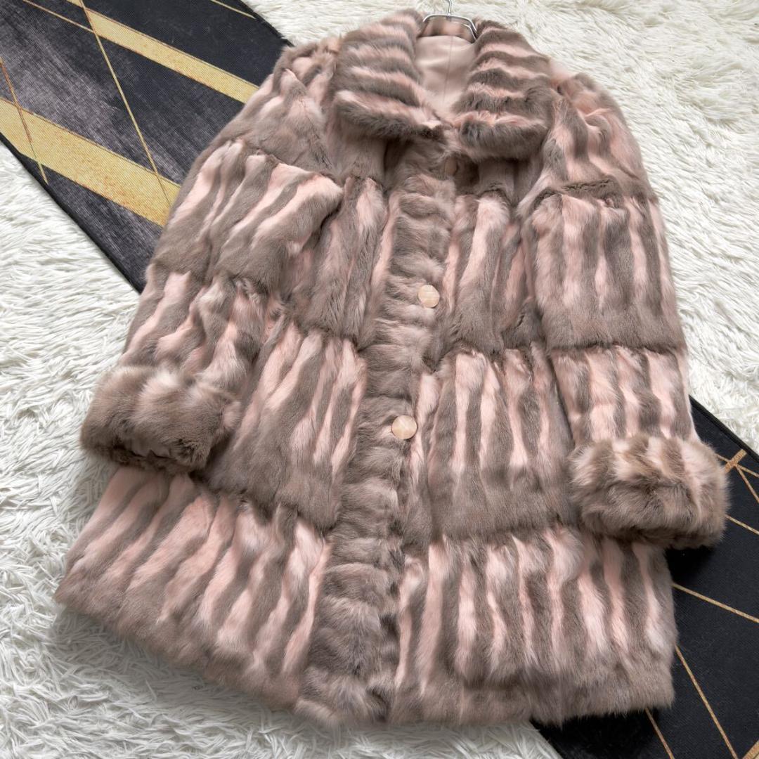 総丈97/希少カラー◎ 桃 ロリス リバーシブル ロングファーコート 軽量 毛皮