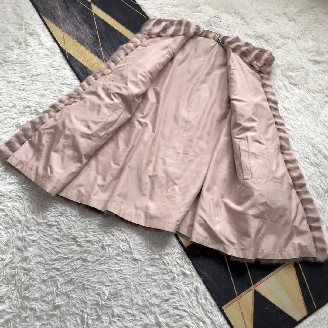 総丈97/希少カラー◎ 桃 ロリス リバーシブル ロングファーコート 軽量 毛皮