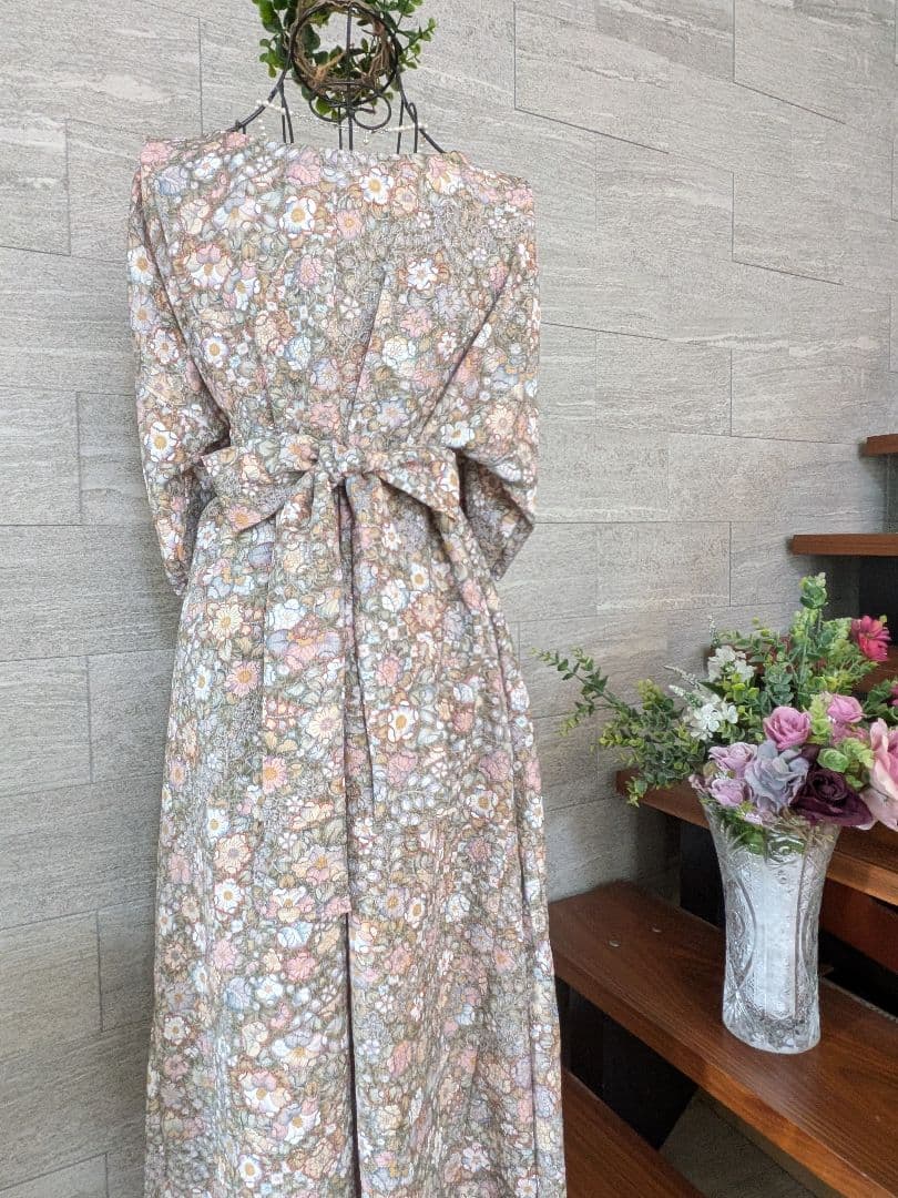 A271着物リメイク辻が花柄Aラインワンピース★リボン・ブローチ