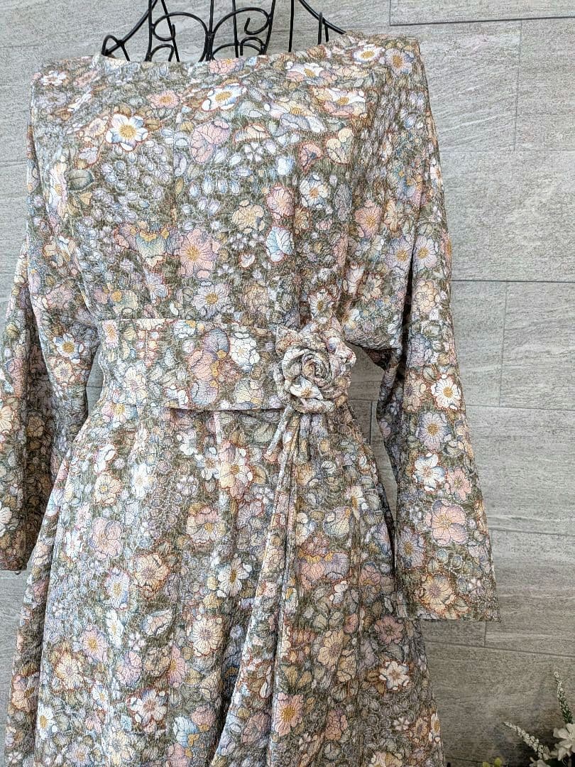 A271着物リメイク辻が花柄Aラインワンピース★リボン・ブローチ