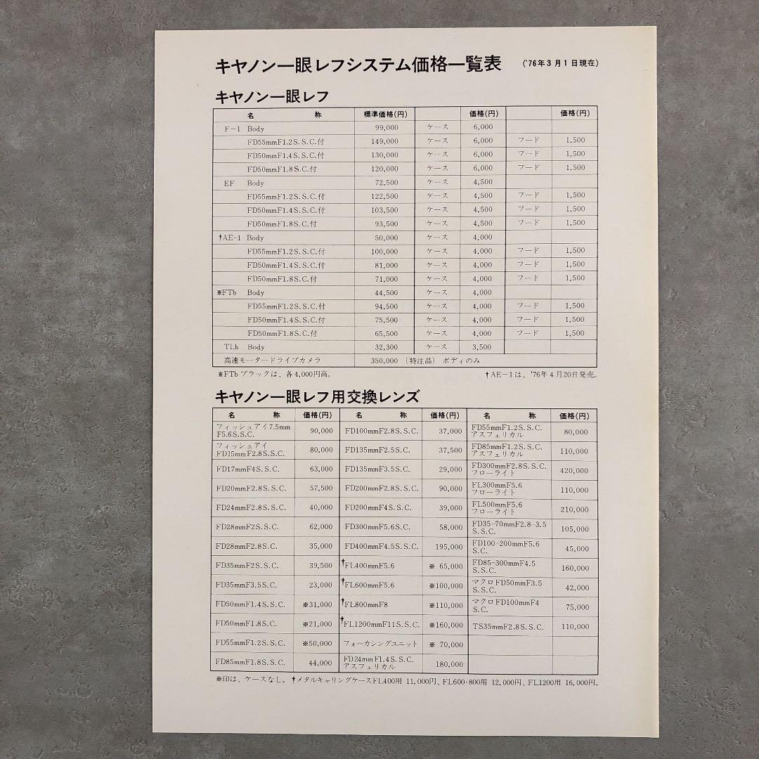 キヤノン　一眼レフフィルムカメラ　最高峰　 F-1 カタログ&価格表　1976年
