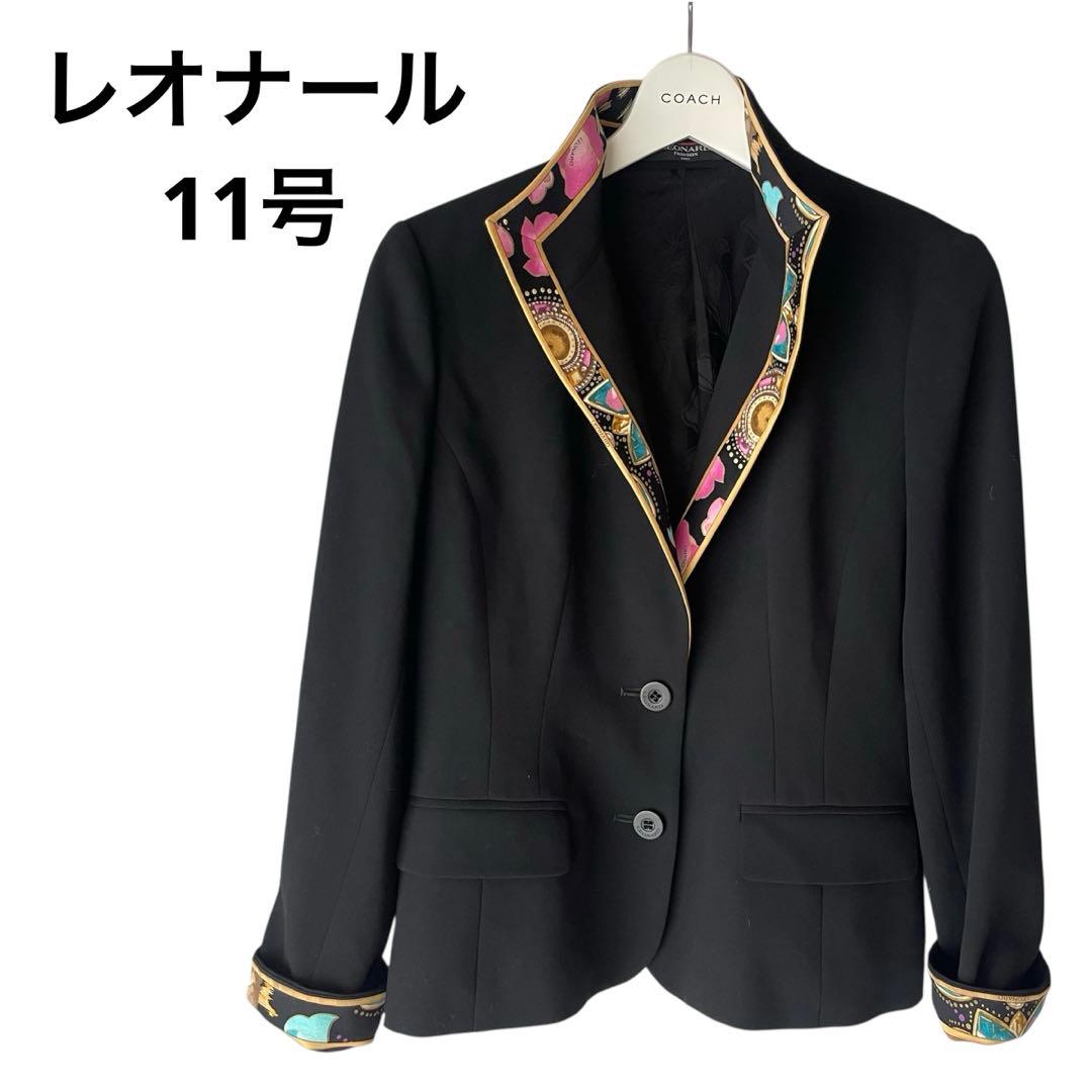 レオナール　テーラードジャケット　11号　黒　花柄　トリムデザイン