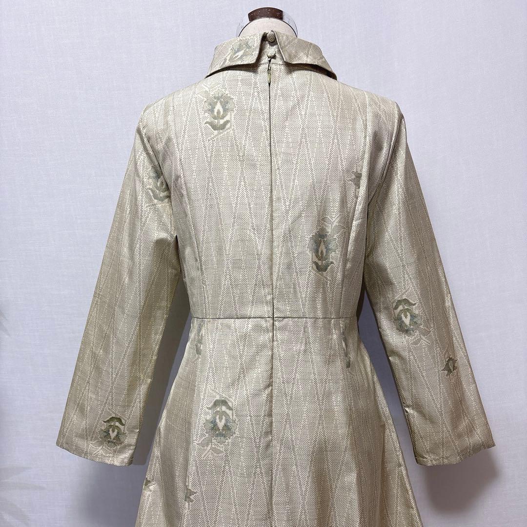 着物リメイク　大島紬花柄ワンピース　ロールカラー　Aライン　細見せ　ゆったり正絹