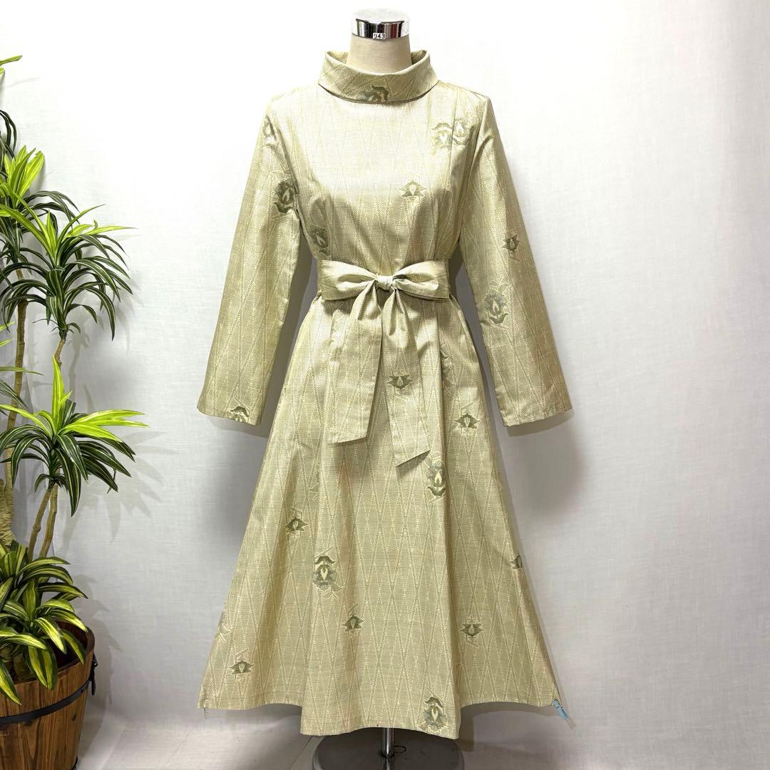 着物リメイク　大島紬花柄ワンピース　ロールカラー　Aライン　細見せ　ゆったり正絹