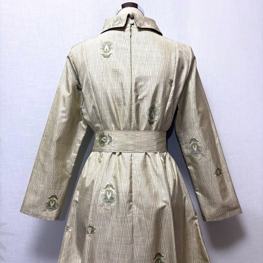 着物リメイク　大島紬花柄ワンピース　ロールカラー　Aライン　細見せ　ゆったり正絹