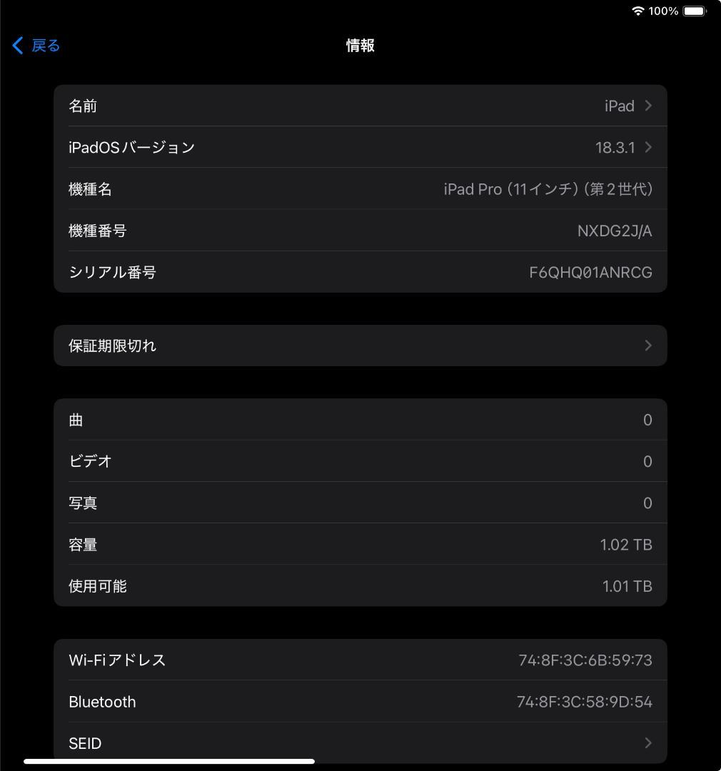 iPad Pro （第2世代）11インチ 1TB スペースグレイ 97%