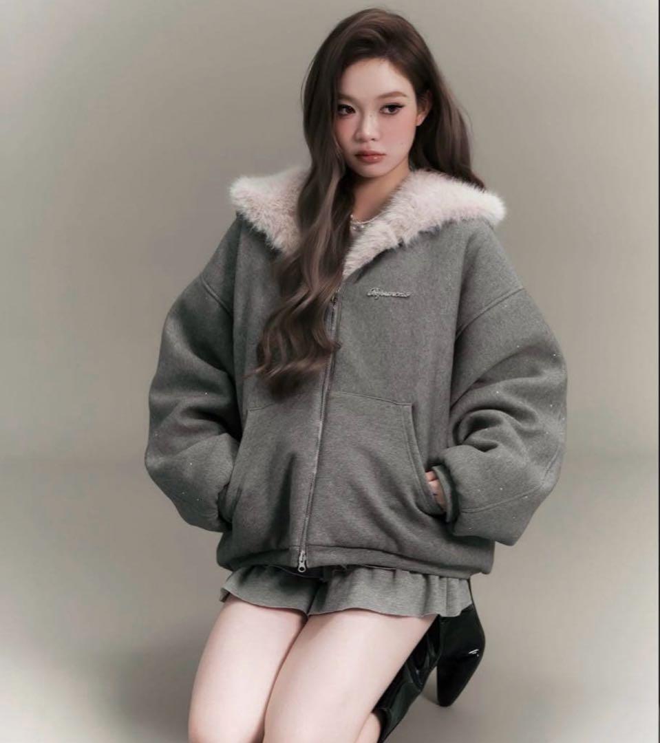 ジャケット・アウター andwang kirakira 2way fur zipup gray