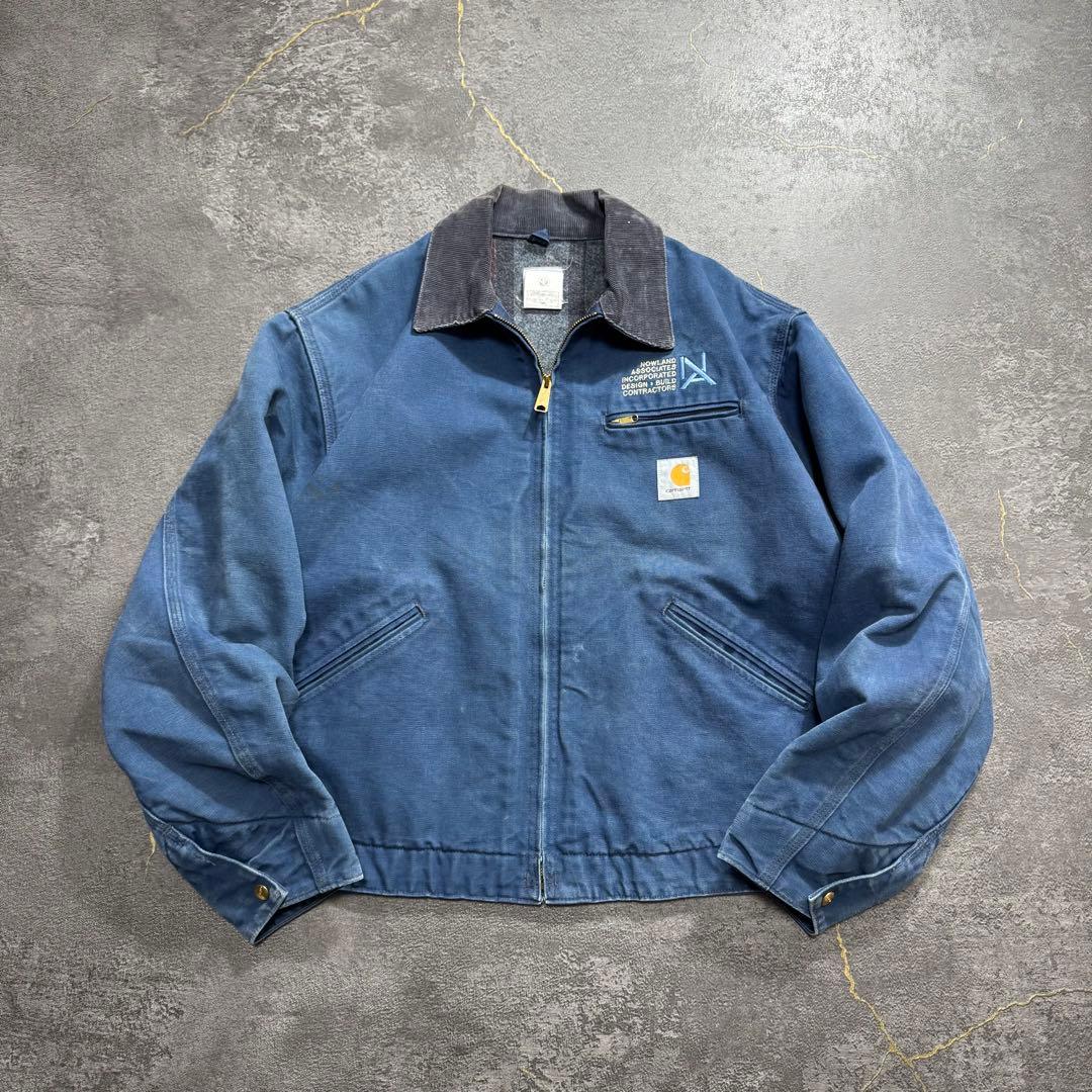00sUSA製カーハートデトロイトジャケットブルーダックジャケット企業ロゴ短丈