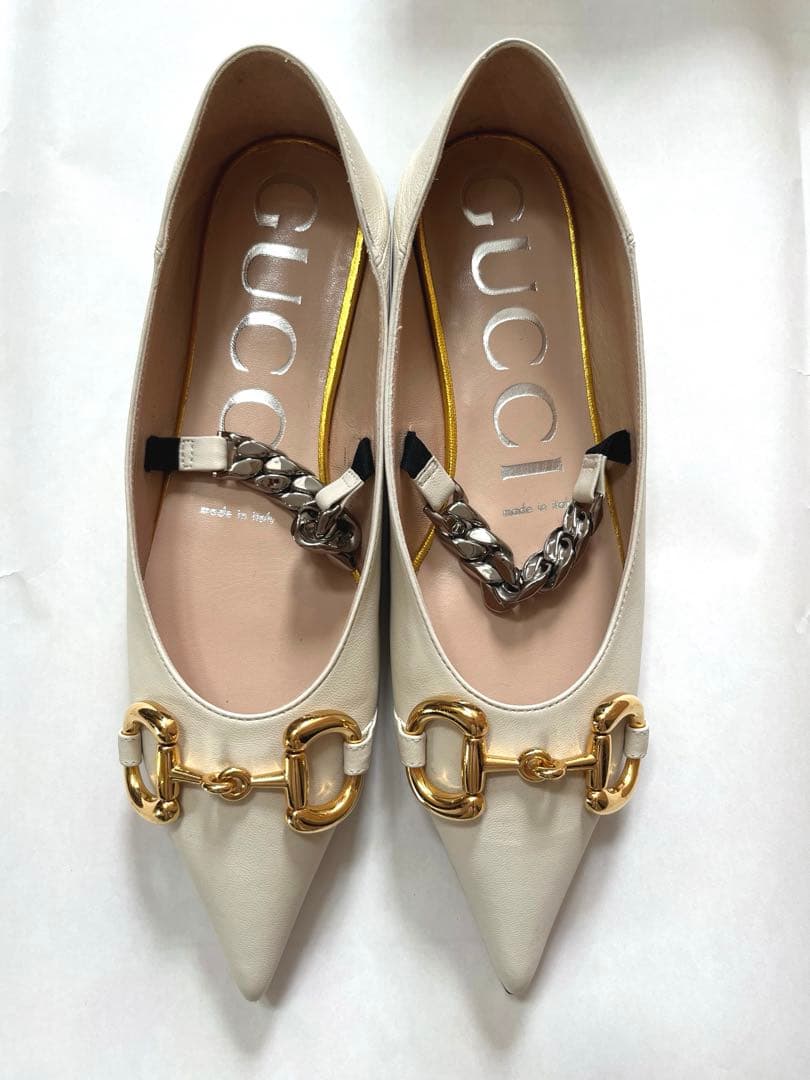 GUCCI ホワイトレザーホースビットフラットシューズ　2WAY 新品