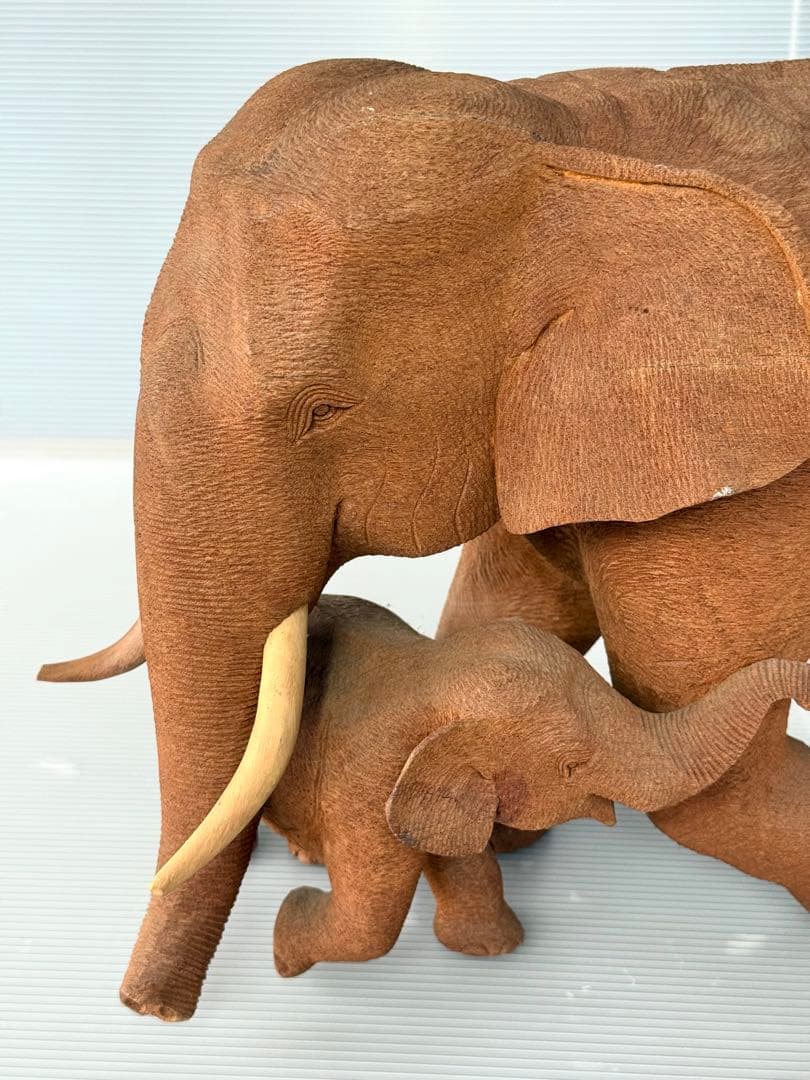 珍しい 希少！50cm リアル 一刀彫り 親子 ゾウ 彫刻 アンティーク 象