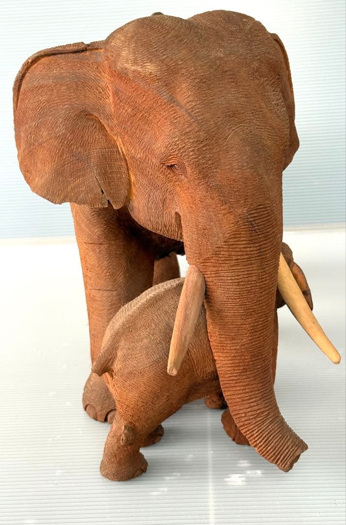 珍しい 希少！50cm リアル 一刀彫り 親子 ゾウ 彫刻 アンティーク 象