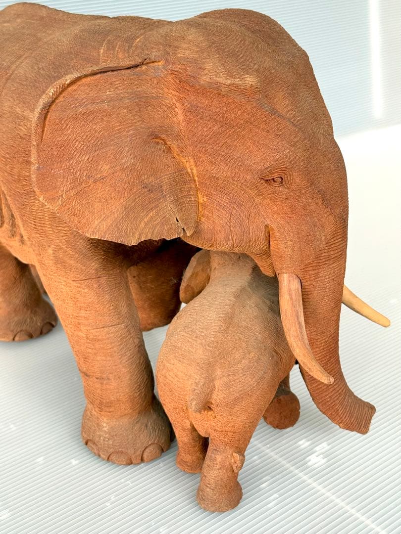 珍しい 希少！50cm リアル 一刀彫り 親子 ゾウ 彫刻 アンティーク 象