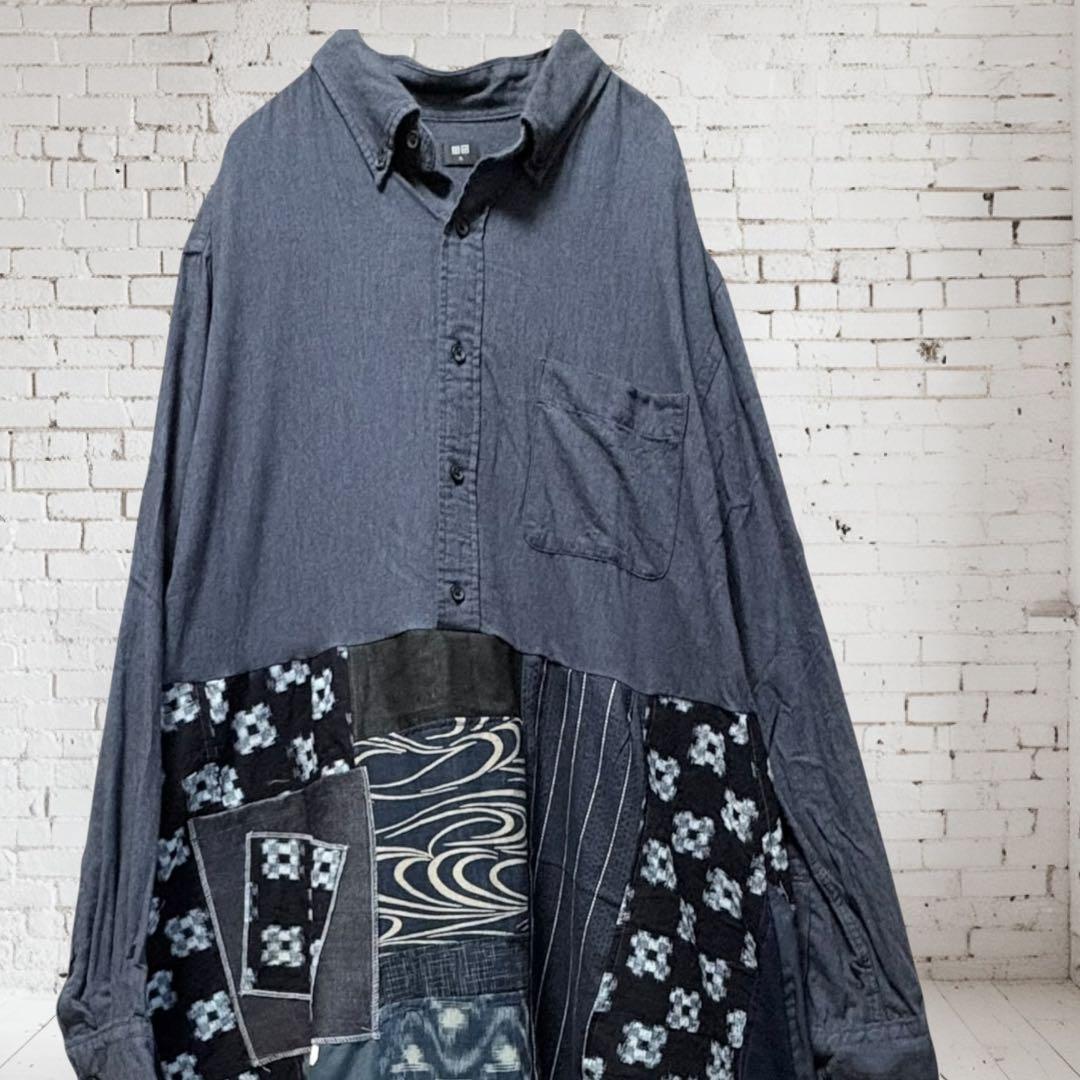 藍染×猫パッチワーク ロングワンピース 丈直し可　着物リメイク