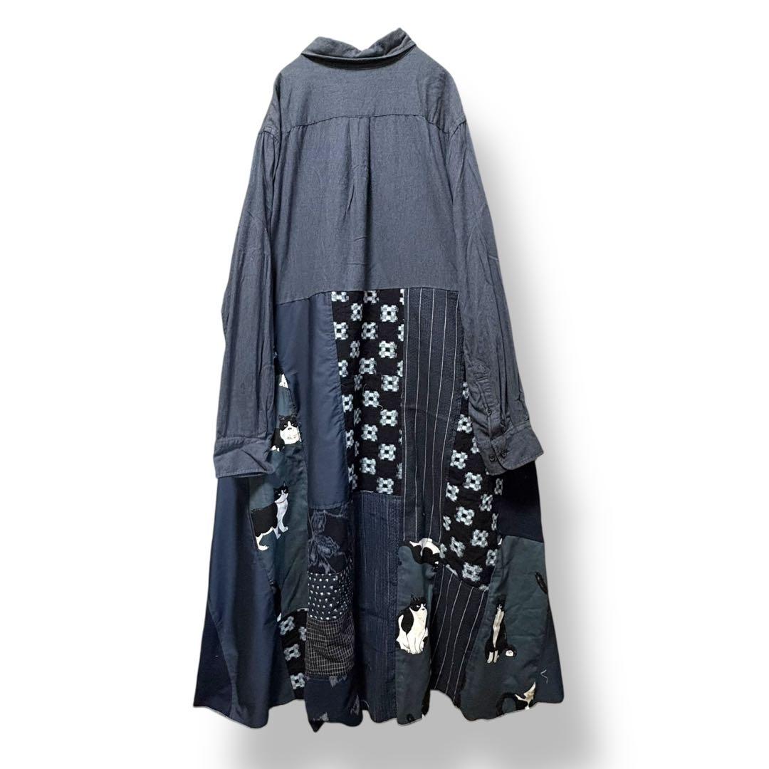 藍染×猫パッチワーク ロングワンピース 丈直し可　着物リメイク