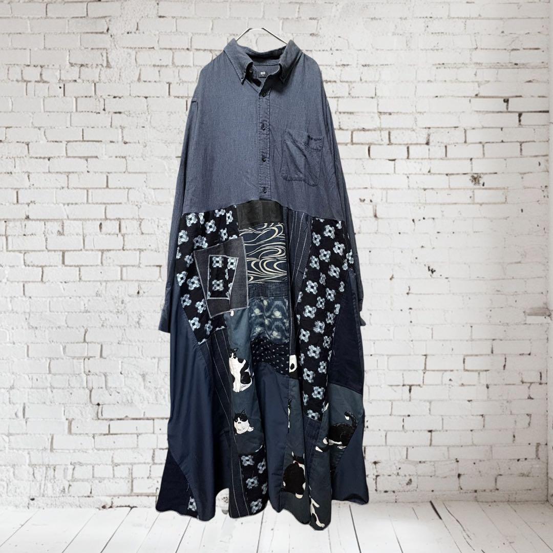 藍染×猫パッチワーク ロングワンピース 丈直し可　着物リメイク