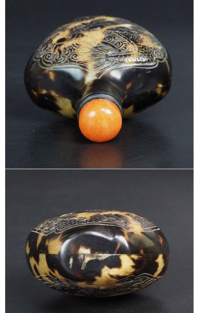 送料無料　清時代本べっ甲（玳瑁）龍鳳細密彫刻鼻煙壺 ★時代珍品★