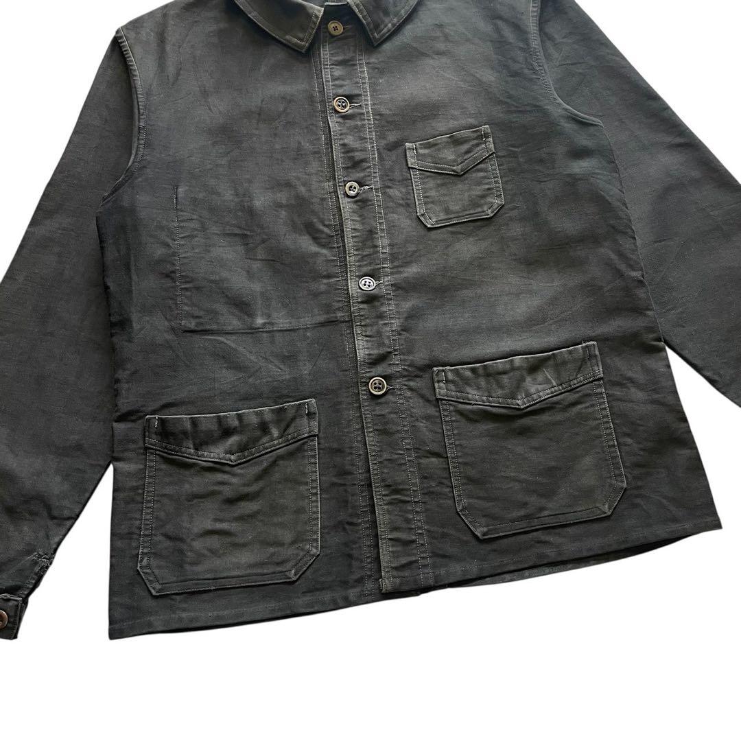 40s フレンチ ヴィンテージ ブラックモールスキンジャケット Vポケット 古着